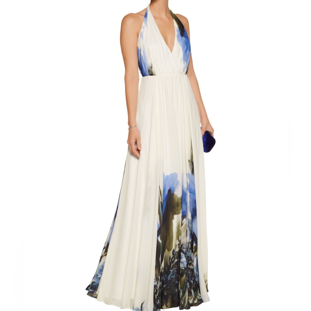 Milly Sky Blue White Georgina Floral Printed Silk Chiffon Gown Floral